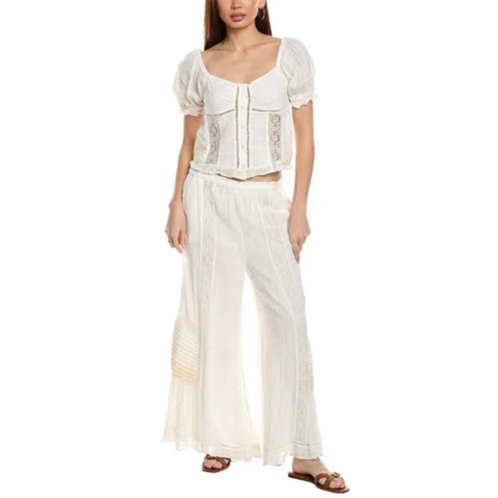 Free People Bali Alana Lace Button Down Crop Top Ivory